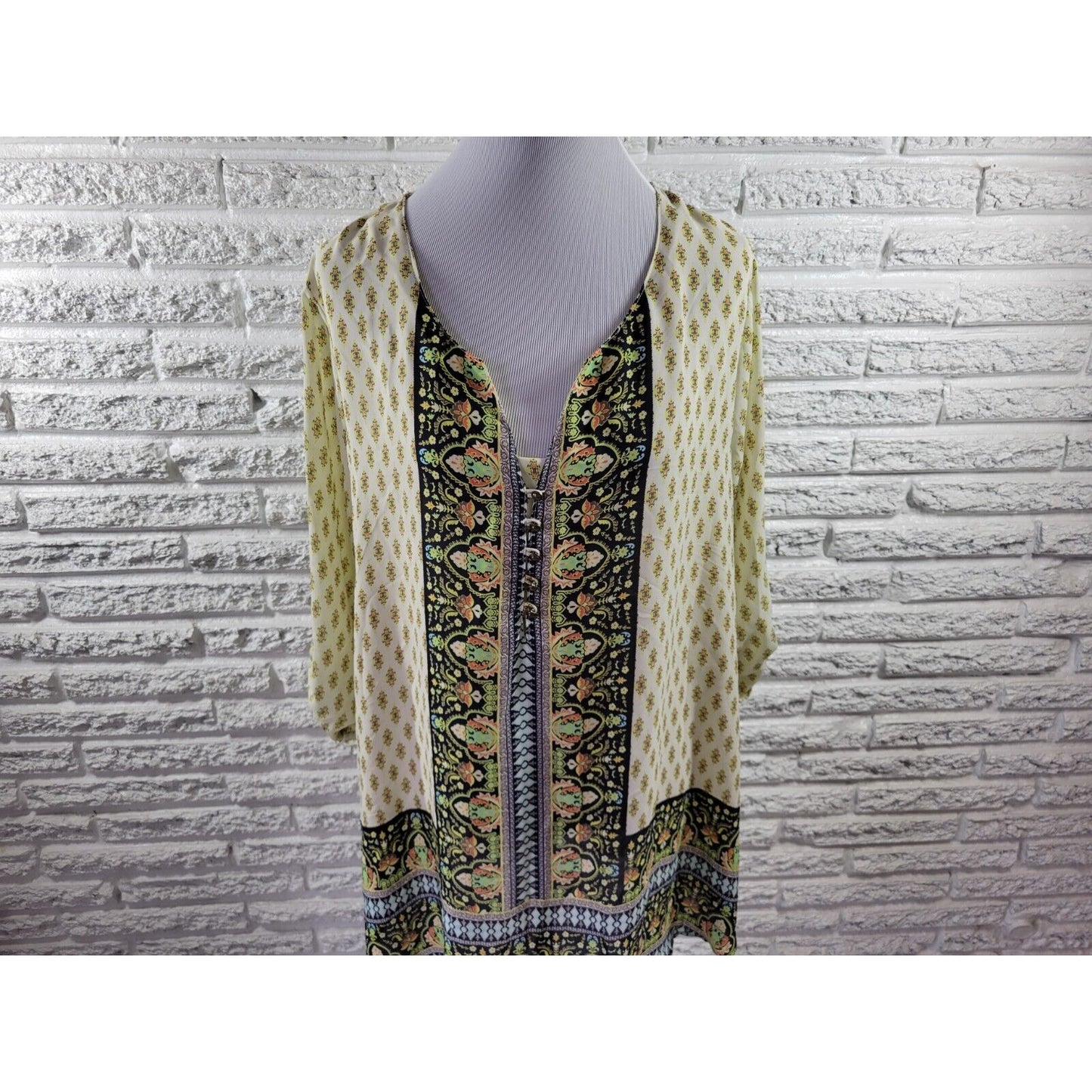 Cato Womens Top 18W 20W Plus Tunic Roll Tab Sleeve Yellow Button Mandala Sheer