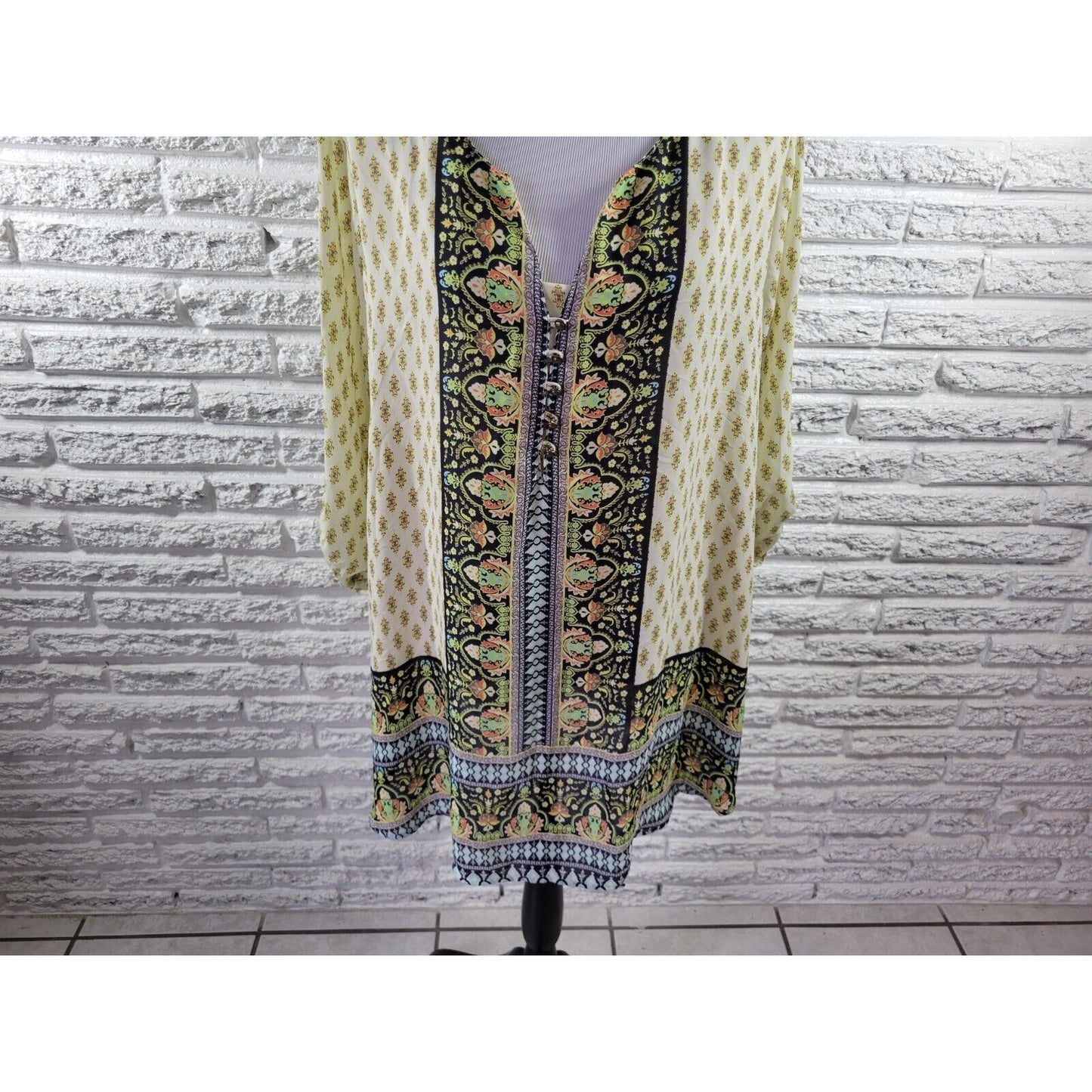 Cato Womens Top 18W 20W Plus Tunic Roll Tab Sleeve Yellow Button Mandala Sheer