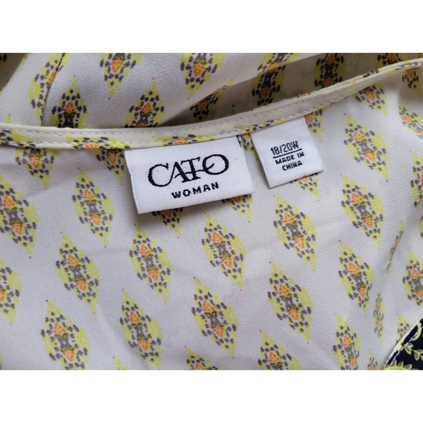 Cato Womens Top 18W 20W Plus Tunic Roll Tab Sleeve Yellow Button Mandala Sheer