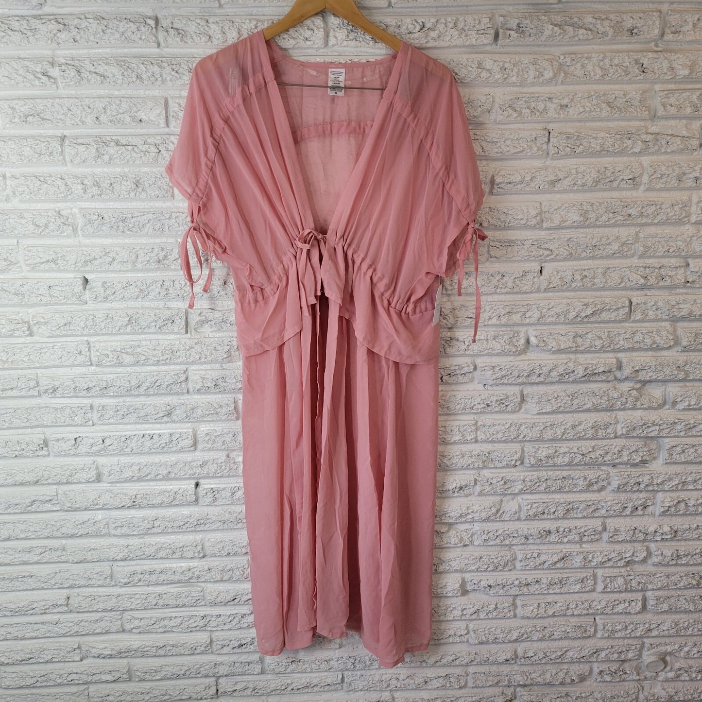 Time Tru Womens Top L XL Tied Sleeve Open Overlay Pink Chiffon Sheer Kimono