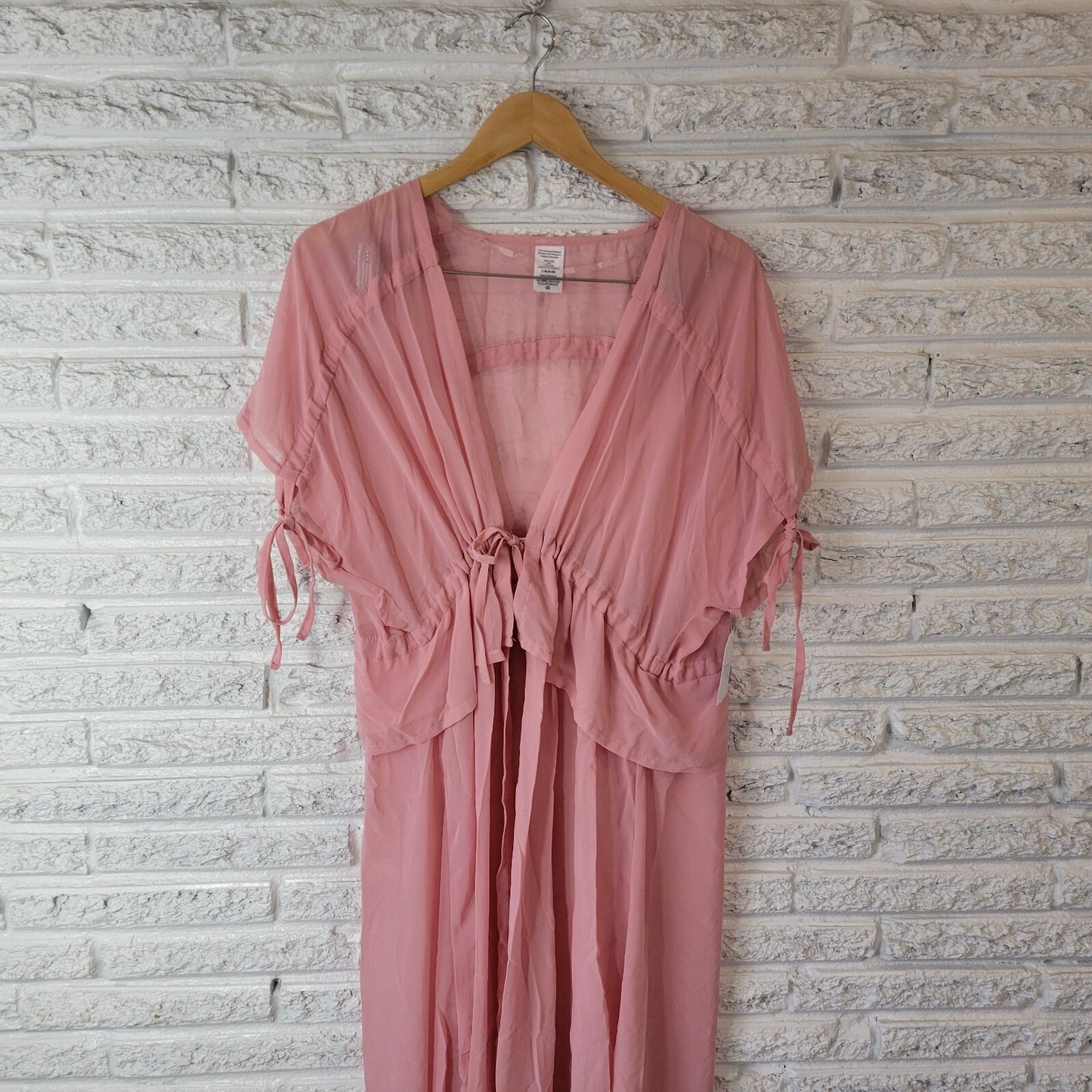Time Tru Womens Top L XL Tied Sleeve Open Overlay Pink Chiffon Sheer Kimono
