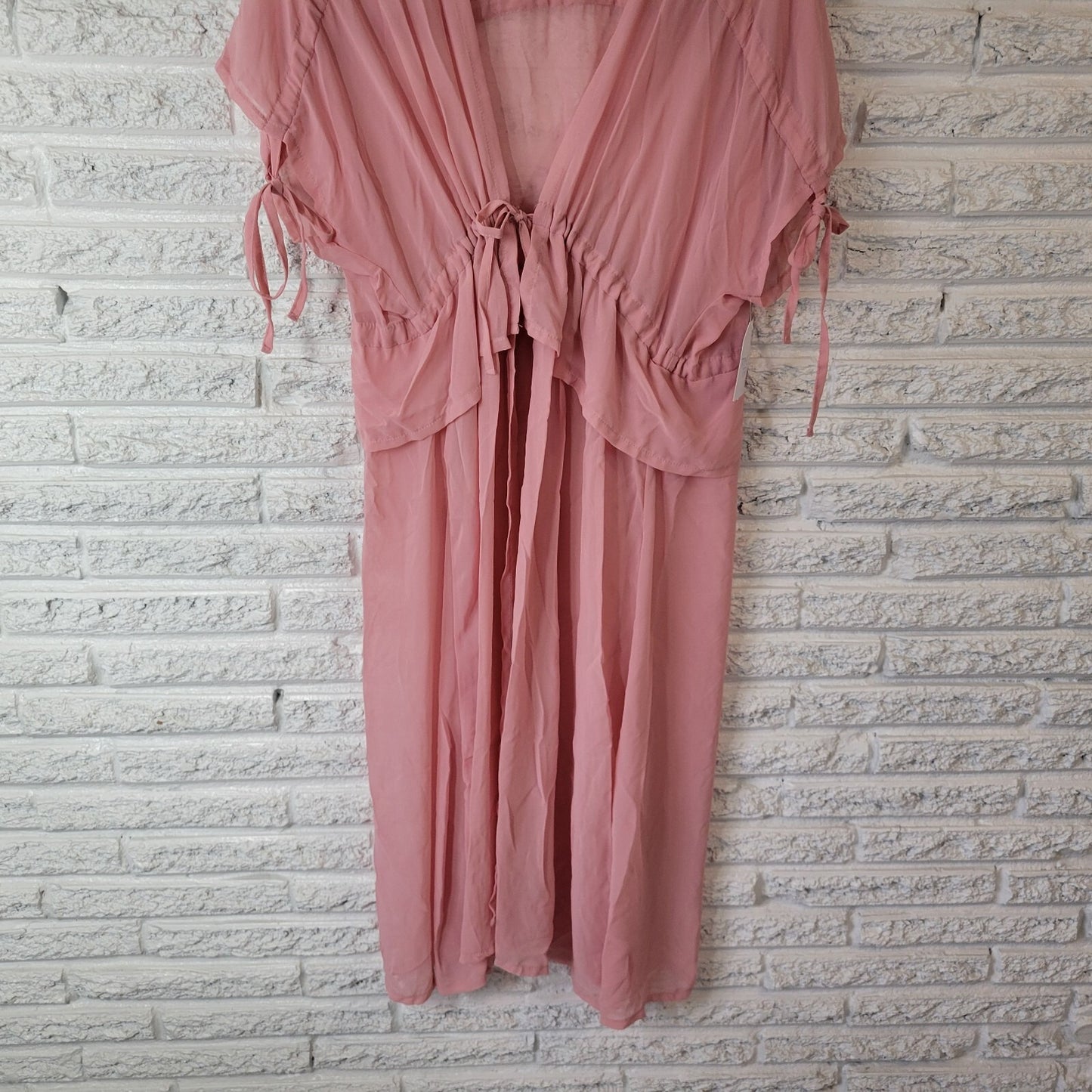 Time Tru Womens Top L XL Tied Sleeve Open Overlay Pink Chiffon Sheer Kimono