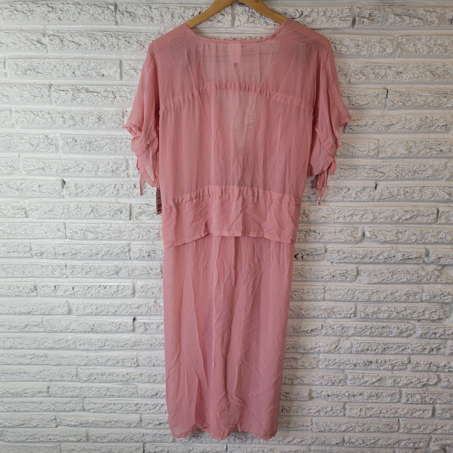 Time Tru Womens Top L XL Tied Sleeve Open Overlay Pink Chiffon Sheer Kimono