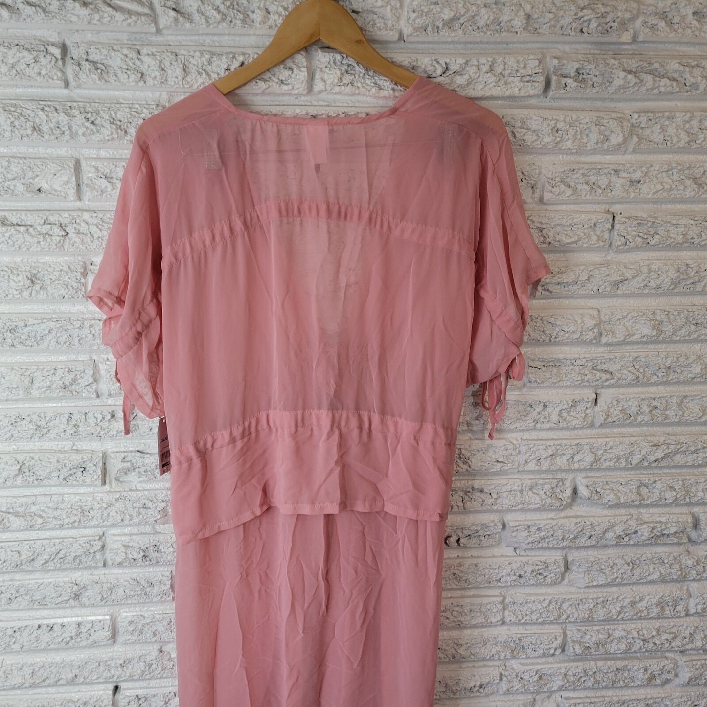 Time Tru Womens Top L XL Tied Sleeve Open Overlay Pink Chiffon Sheer Kimono
