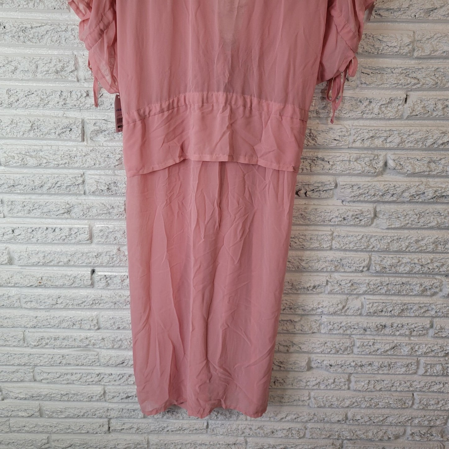 Time Tru Womens Top L XL Tied Sleeve Open Overlay Pink Chiffon Sheer Kimono