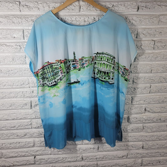 Ruby Rd Womens Top Extra Large XL Tee Polyester Sleeveless Blue Venice Cityscape