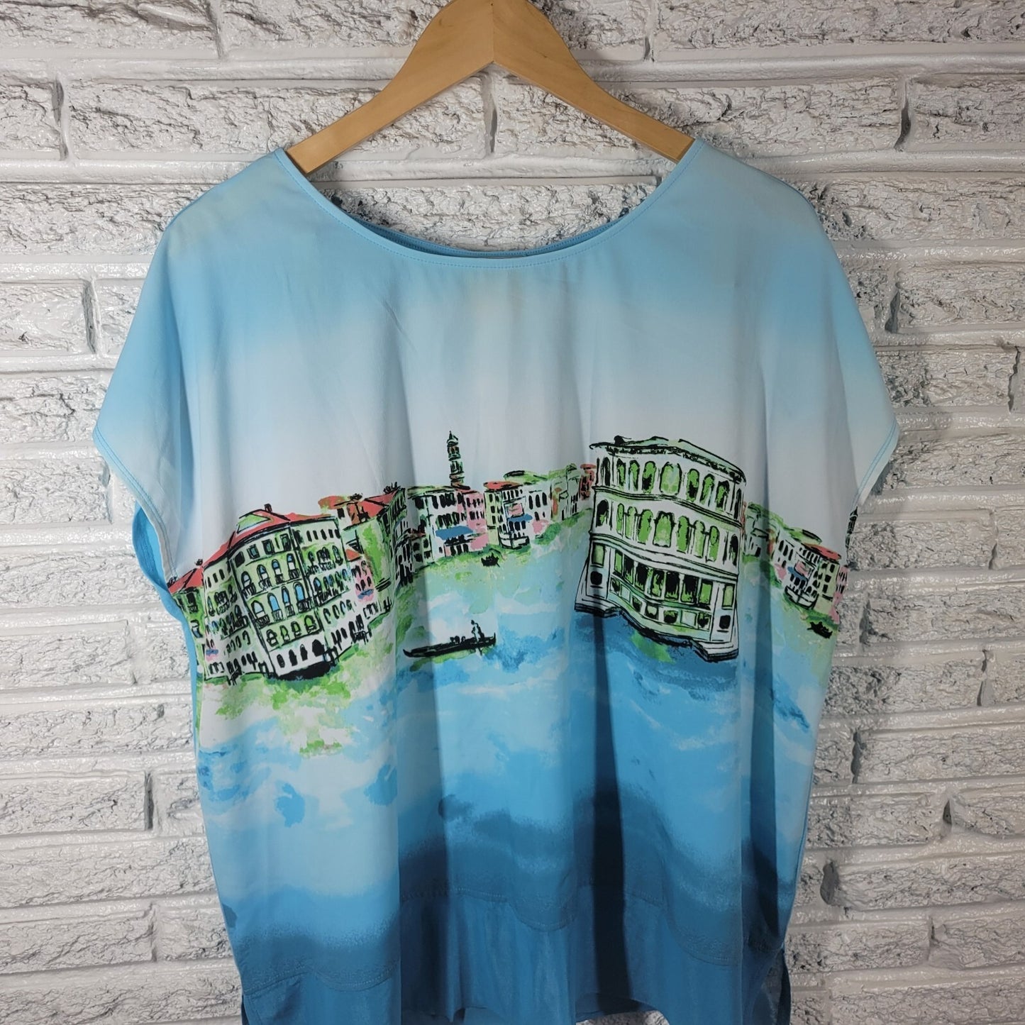Ruby Rd Womens Top Extra Large XL Tee Polyester Sleeveless Blue Venice Cityscape