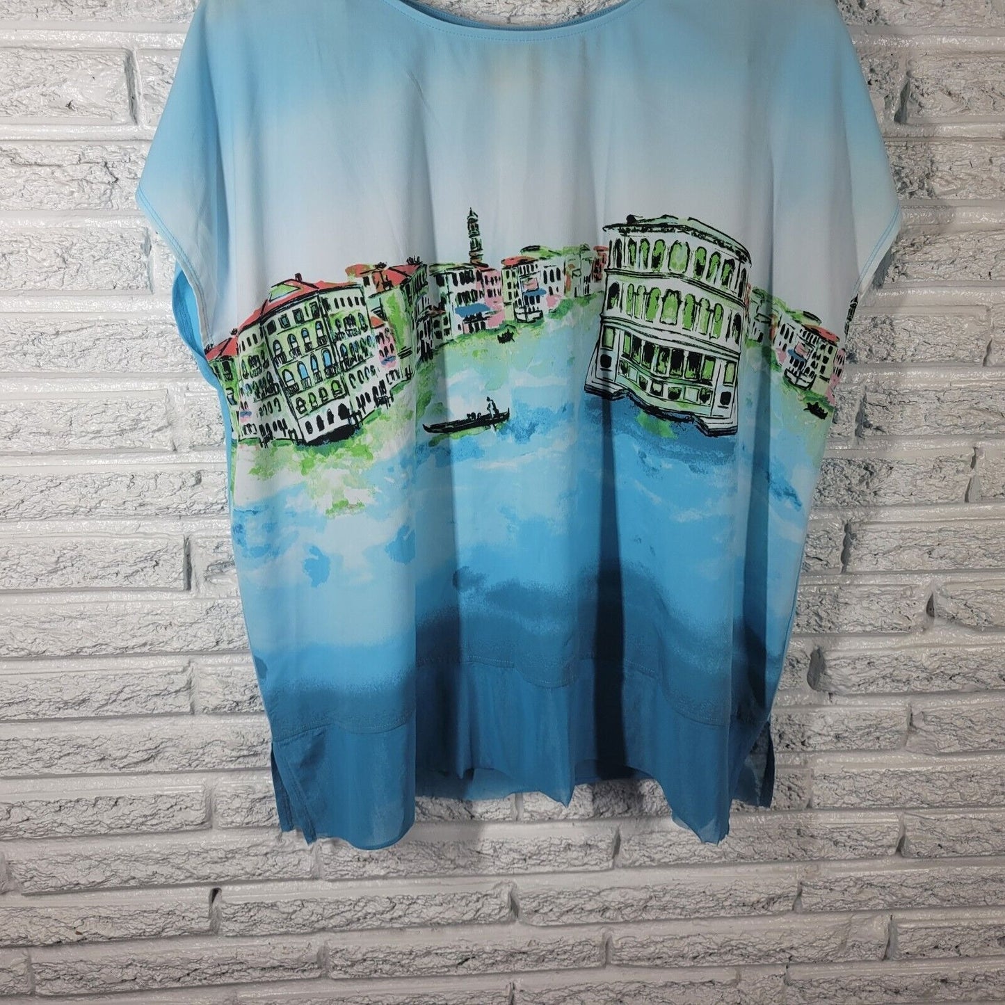 Ruby Rd Womens Top Extra Large XL Tee Polyester Sleeveless Blue Venice Cityscape