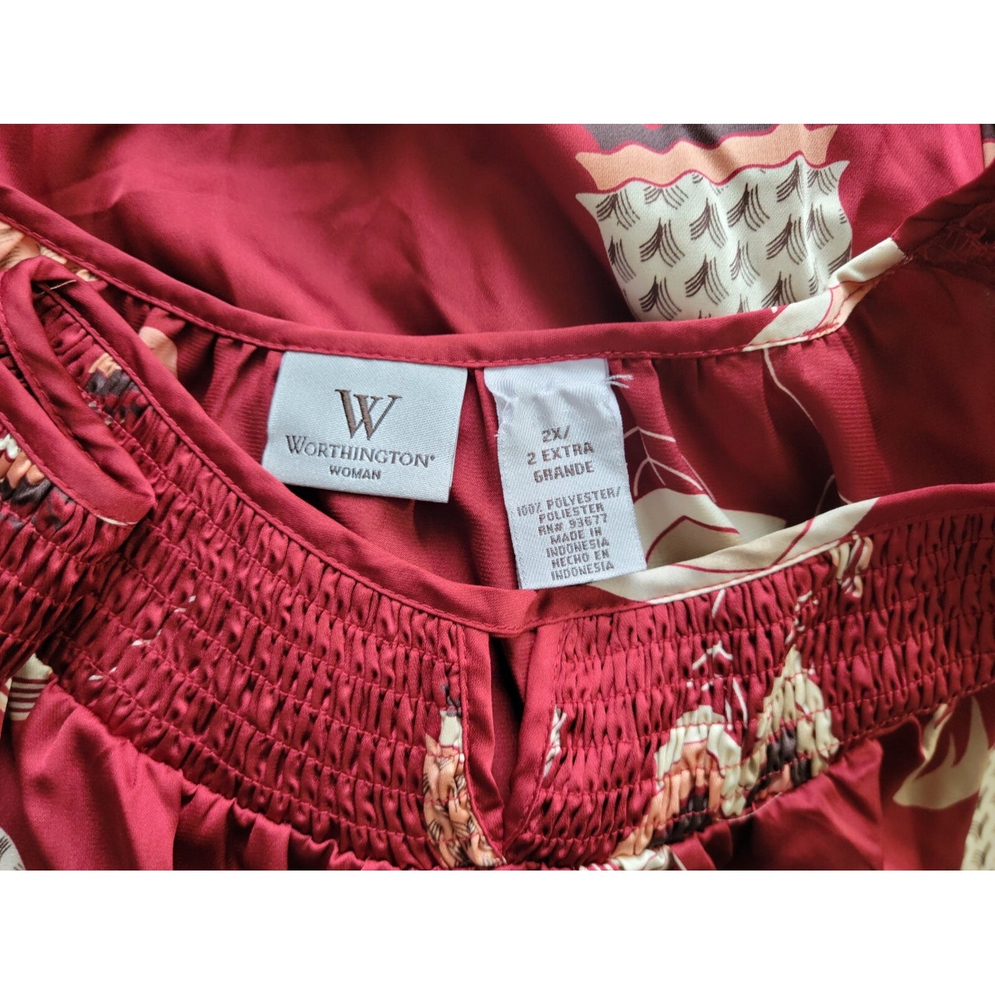 Worthington Womens Top 2X Plus Short Sleeve Sheer Keyhole Burgundy Tie Waist