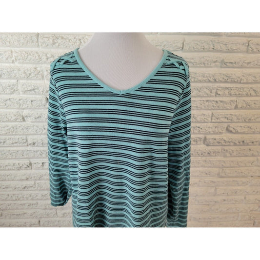 CJ Banks Women Top Extra Large XL Waffle Knit Blue Stripe VNeck Casual Comfy