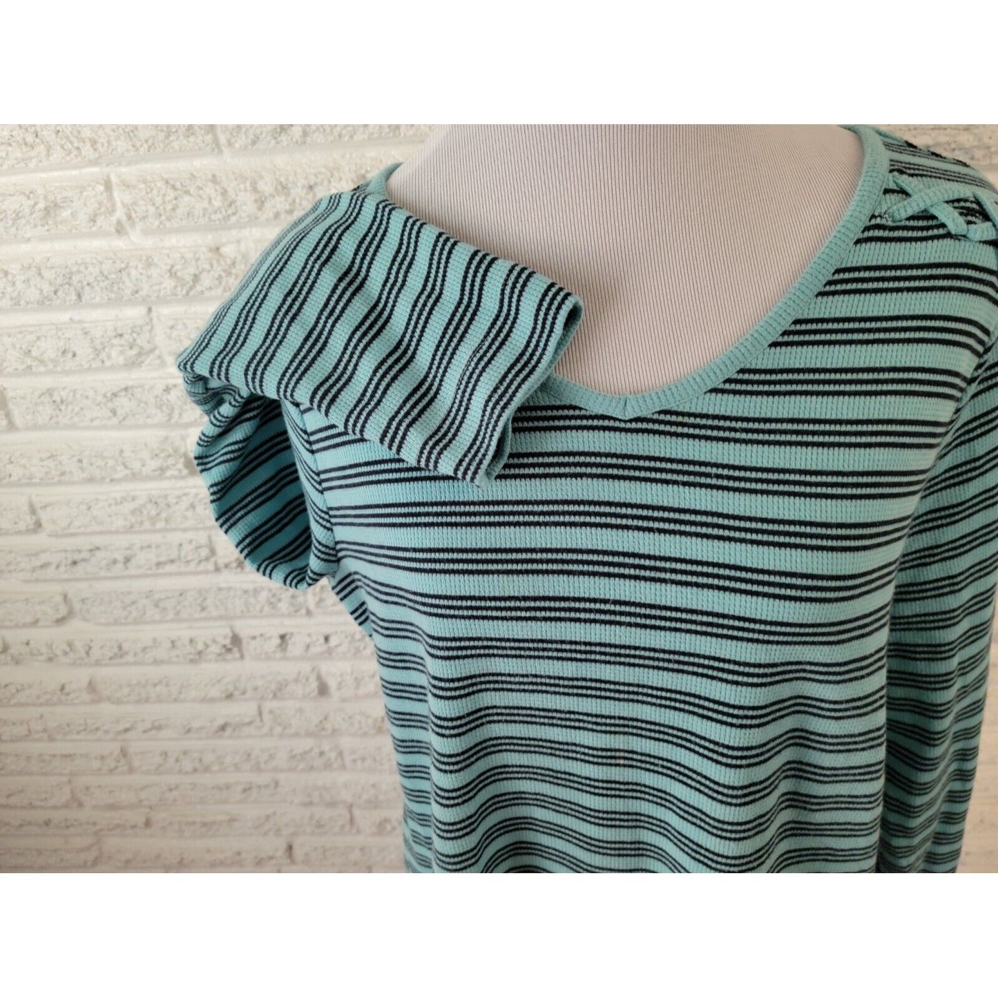 CJ Banks Women Top Extra Large XL Waffle Knit Blue Stripe VNeck Casual Comfy