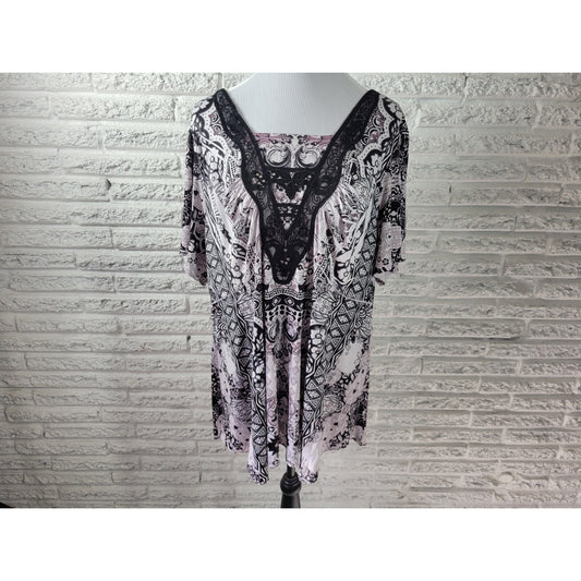 Energe Womens 2X Plus Black Geometric Mandala Tunic Lace Trim Square Neck Blouse