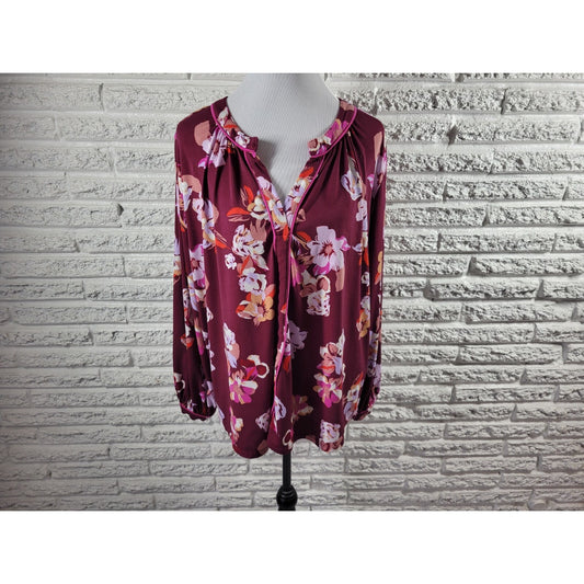 Simply Emma Womens Top 3X Plus Long Sleeve Purple Floral Poly Blend Career