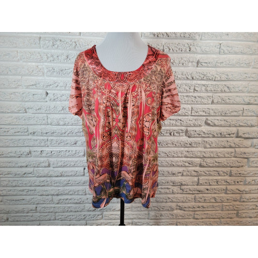 Olivia Paige 1X Plus Size Top Red Abstract Studded Rhinestone Short Sleeve
