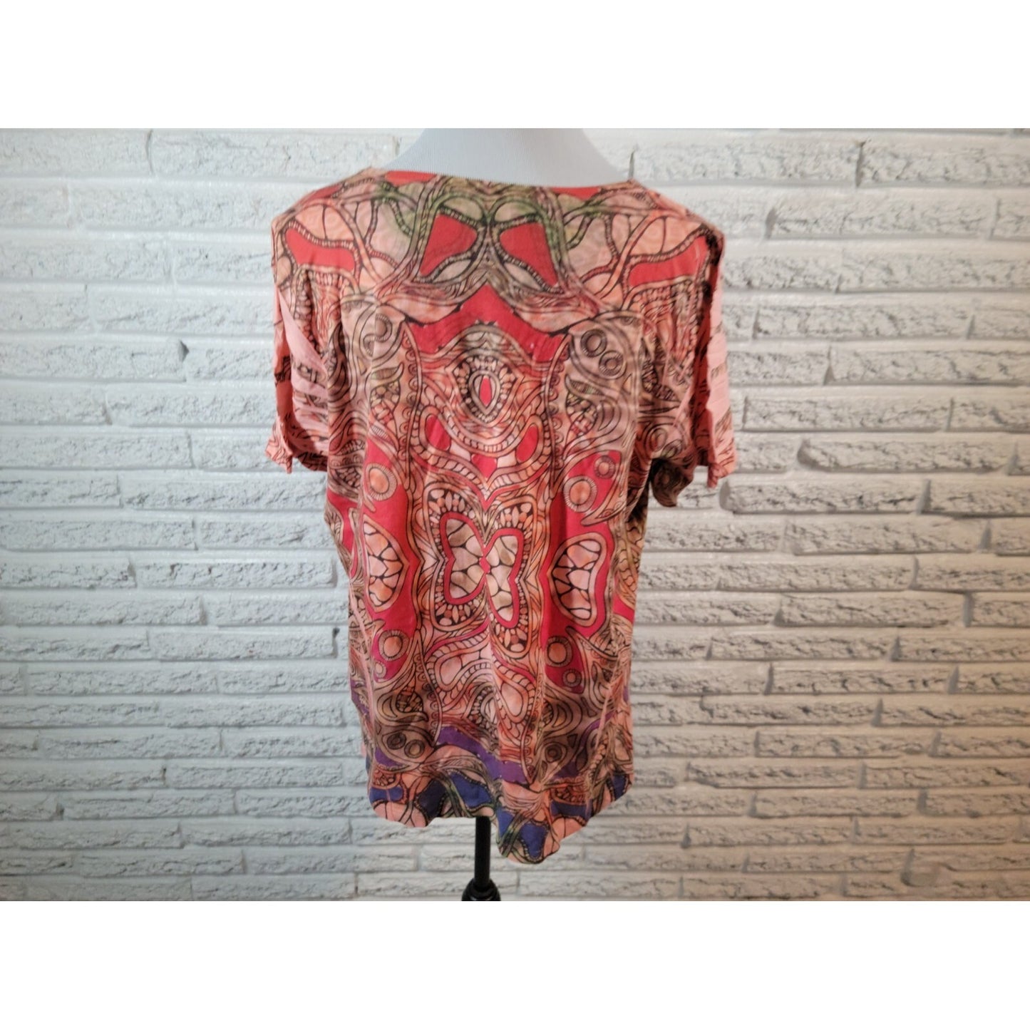 Olivia Paige 1X Plus Size Top Red Abstract Studded Rhinestone Short Sleeve