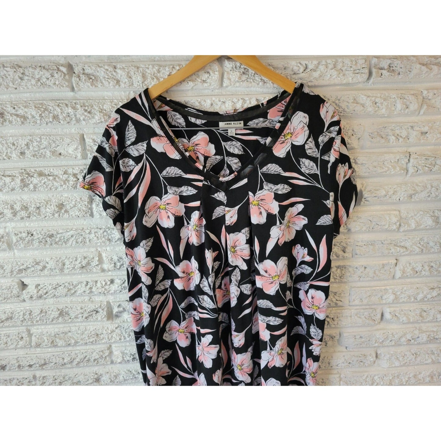 Anne  Klein Womens Dress 1X Plus Mini T-Shirt Cap Sleeve Poly Blend Black Floral