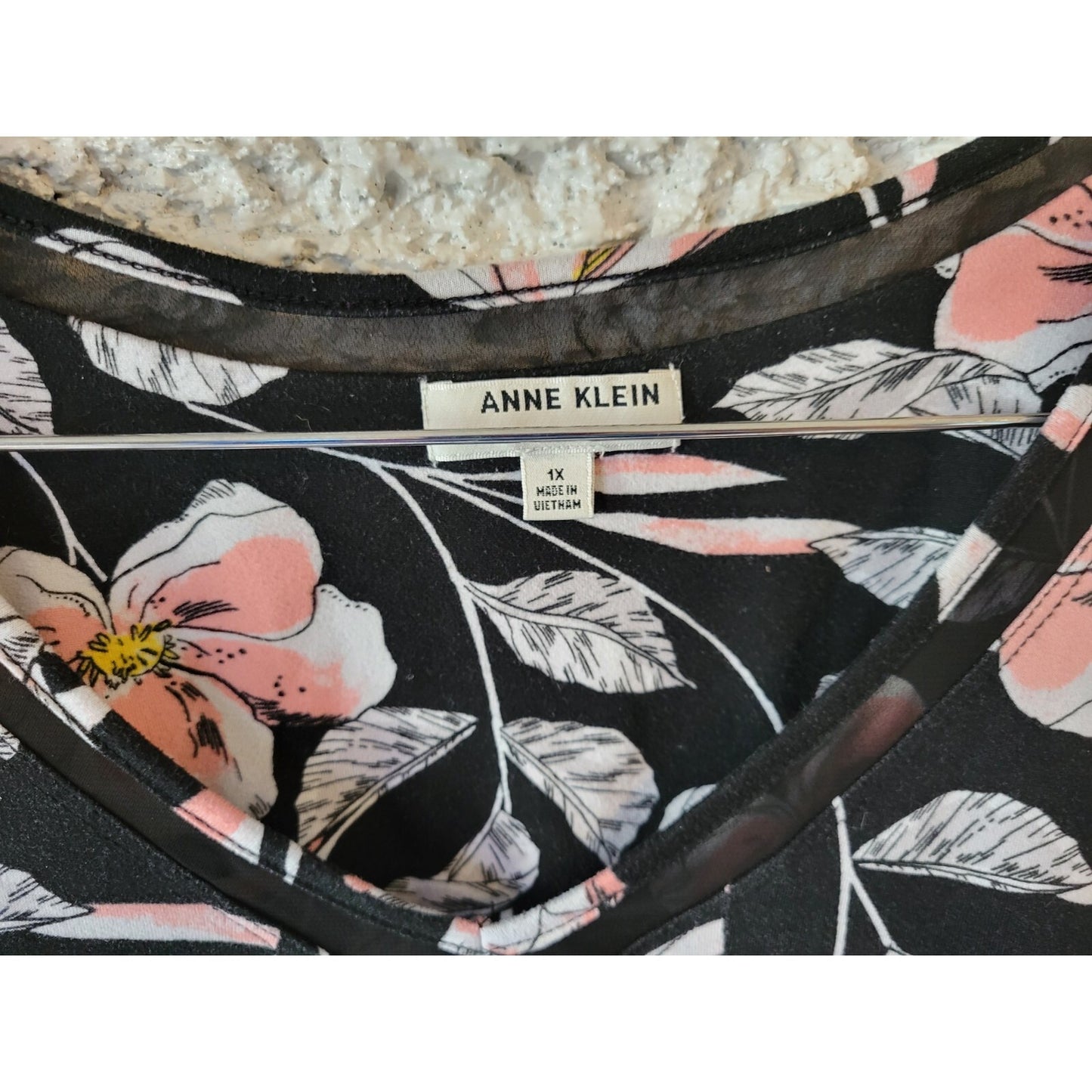 Anne  Klein Womens Dress 1X Plus Mini T-Shirt Cap Sleeve Poly Blend Black Floral