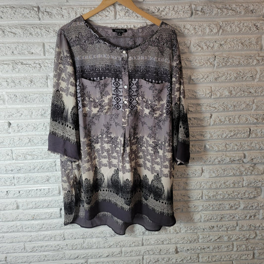 Roz Ali Women Top 3X Plus Tunic Quarter Button Black Lavender Floral 3/4 Sleeve