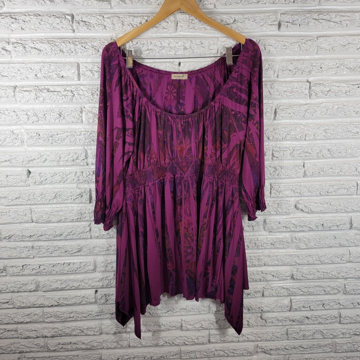 Live Let Live Womens Top XL Tunic Cinched 3/4 Sleeve Purple Laser Cut Shark Bite