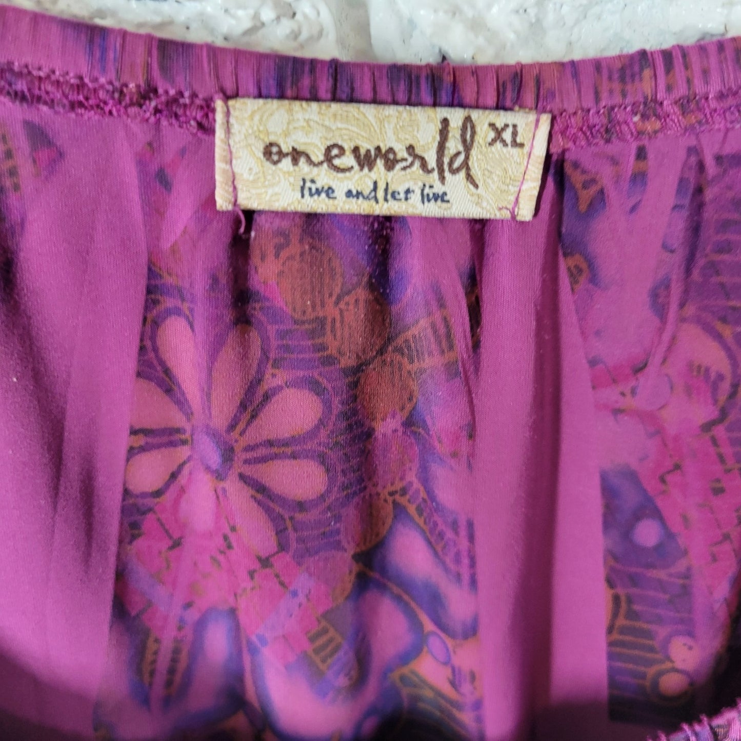 Live Let Live Womens Top XL Tunic Cinched 3/4 Sleeve Purple Laser Cut Shark Bite