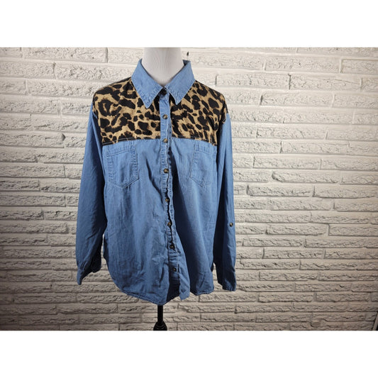 Truth NYC Womens Top 3X Plus Long Sleeve Blue Animal Print Chambray Collar