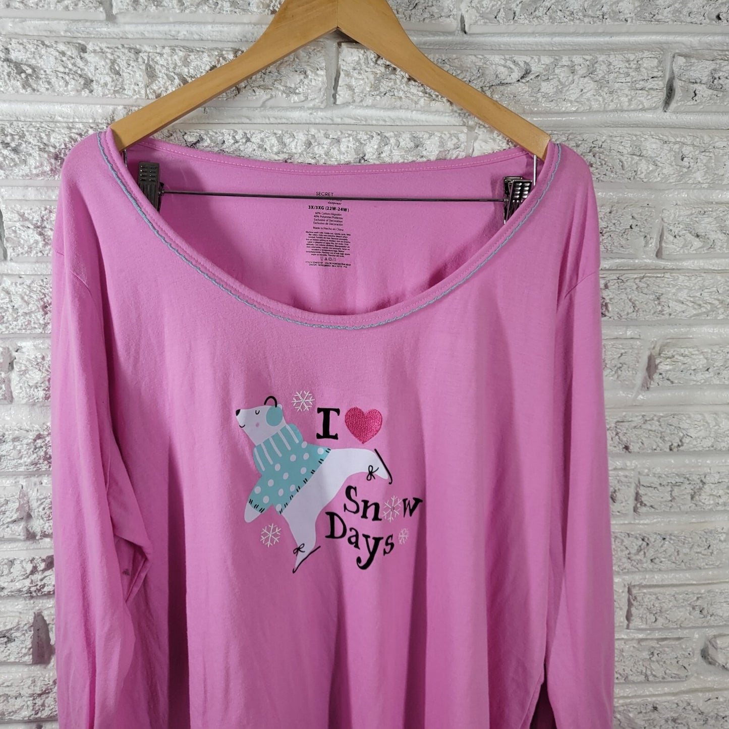Secret Treasures Women Pajama Top 3X Pink Polar Bear Loungewear I Love Snow Days