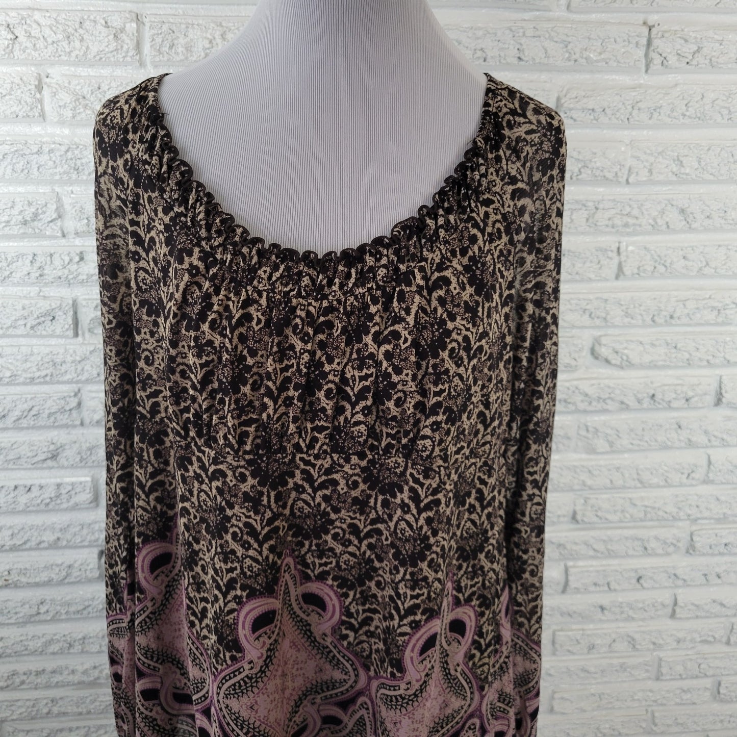 Liz Wear Women Top XXL Plus Long Sleeve Black Geometric Frilly Neck Comfy Office