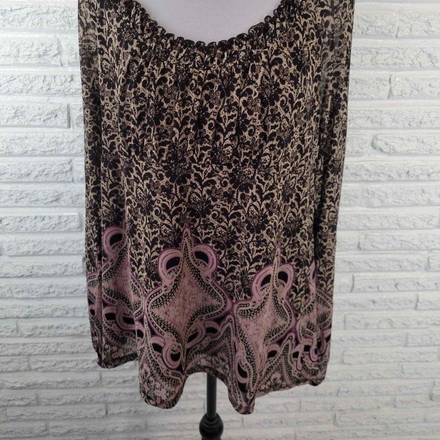 Liz Wear Women Top XXL Plus Long Sleeve Black Geometric Frilly Neck Comfy Office