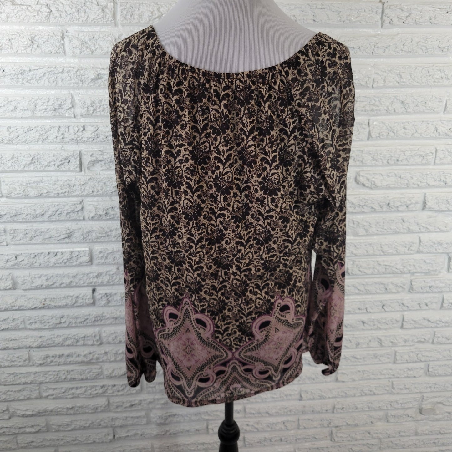 Liz Wear Women Top XXL Plus Long Sleeve Black Geometric Frilly Neck Comfy Office