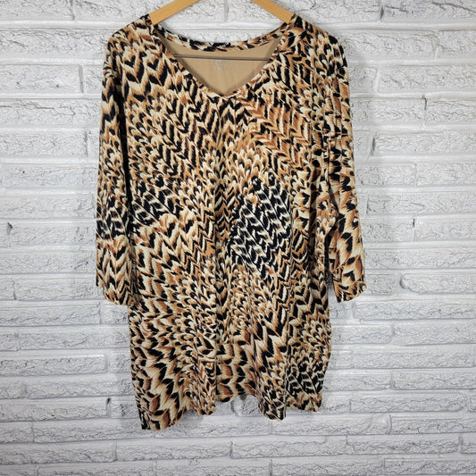 Catherines Women's Plus Size 3X Brown Black Feather Print 100% Cotton Tunic Top