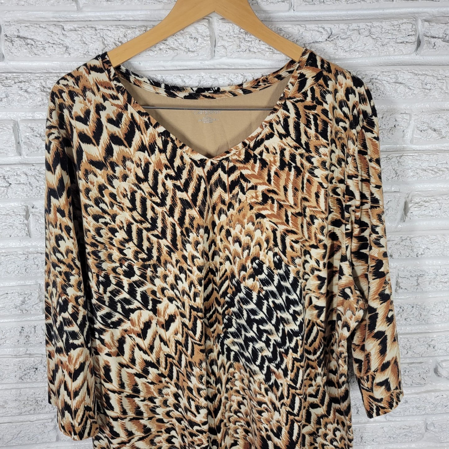Catherines Women's Plus Size 3X Brown Black Feather Print 100% Cotton Tunic Top