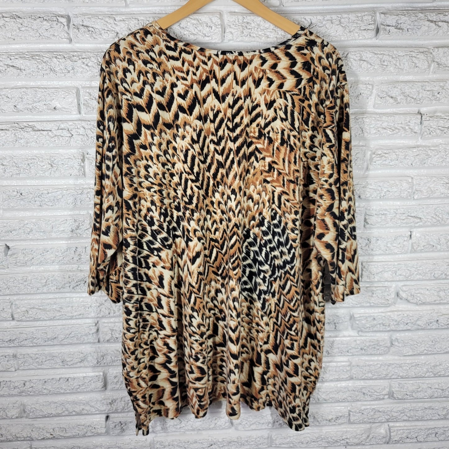 Catherines Women's Plus Size 3X Brown Black Feather Print 100% Cotton Tunic Top