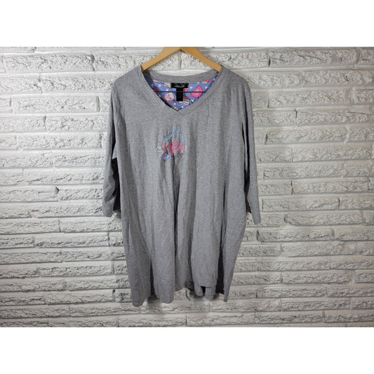 Rene Rofe Womens Top 2X Pajama Always Coffee Time Embroider Loungewear Gray