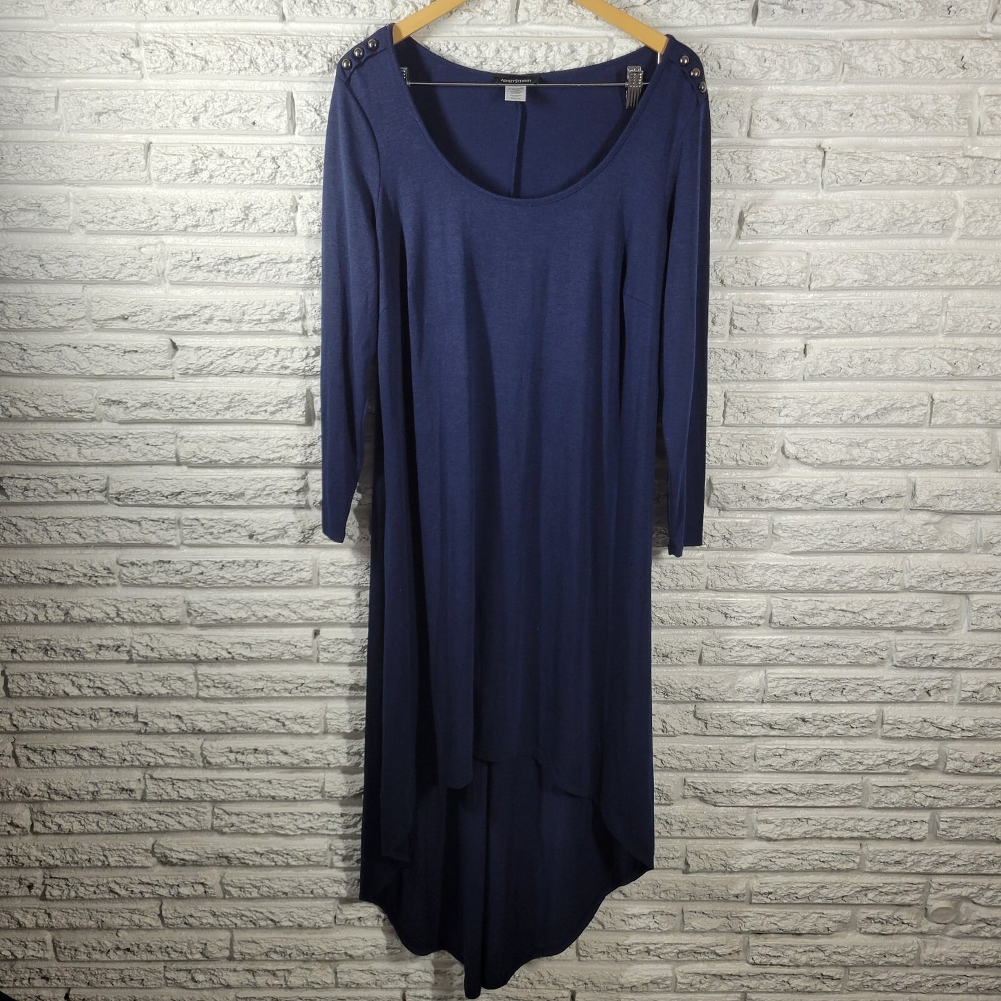 Ashley Stewart Women Dress 1X Plus Long Sleeve Blue High Low Deco Buttons Casual