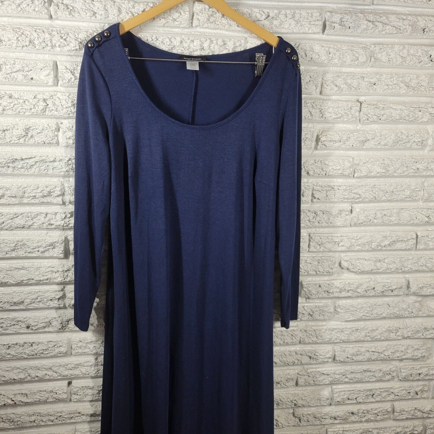 Ashley Stewart Women Dress 1X Plus Long Sleeve Blue High Low Deco Buttons Casual