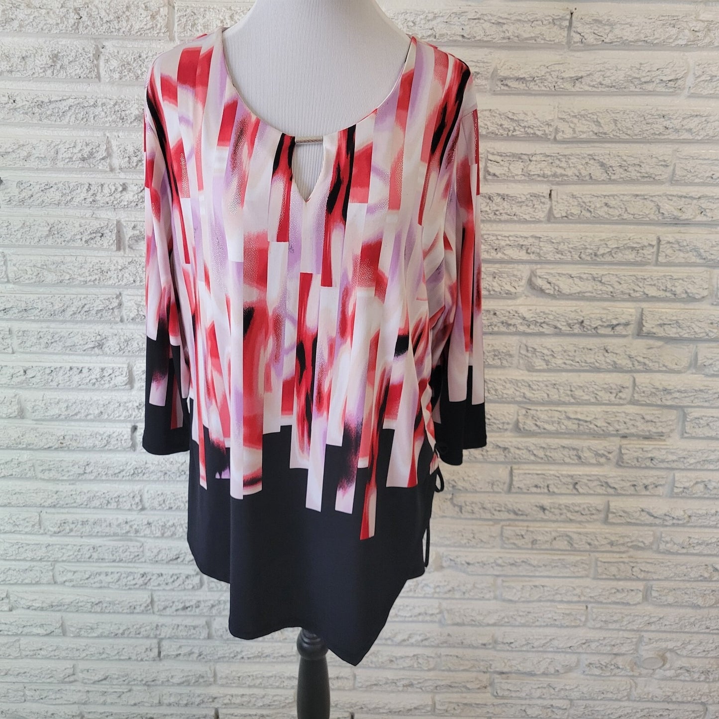 JM Collection Women Top XXL Plus Tunic Red Lavender Watercolor Keyhole Side Ties