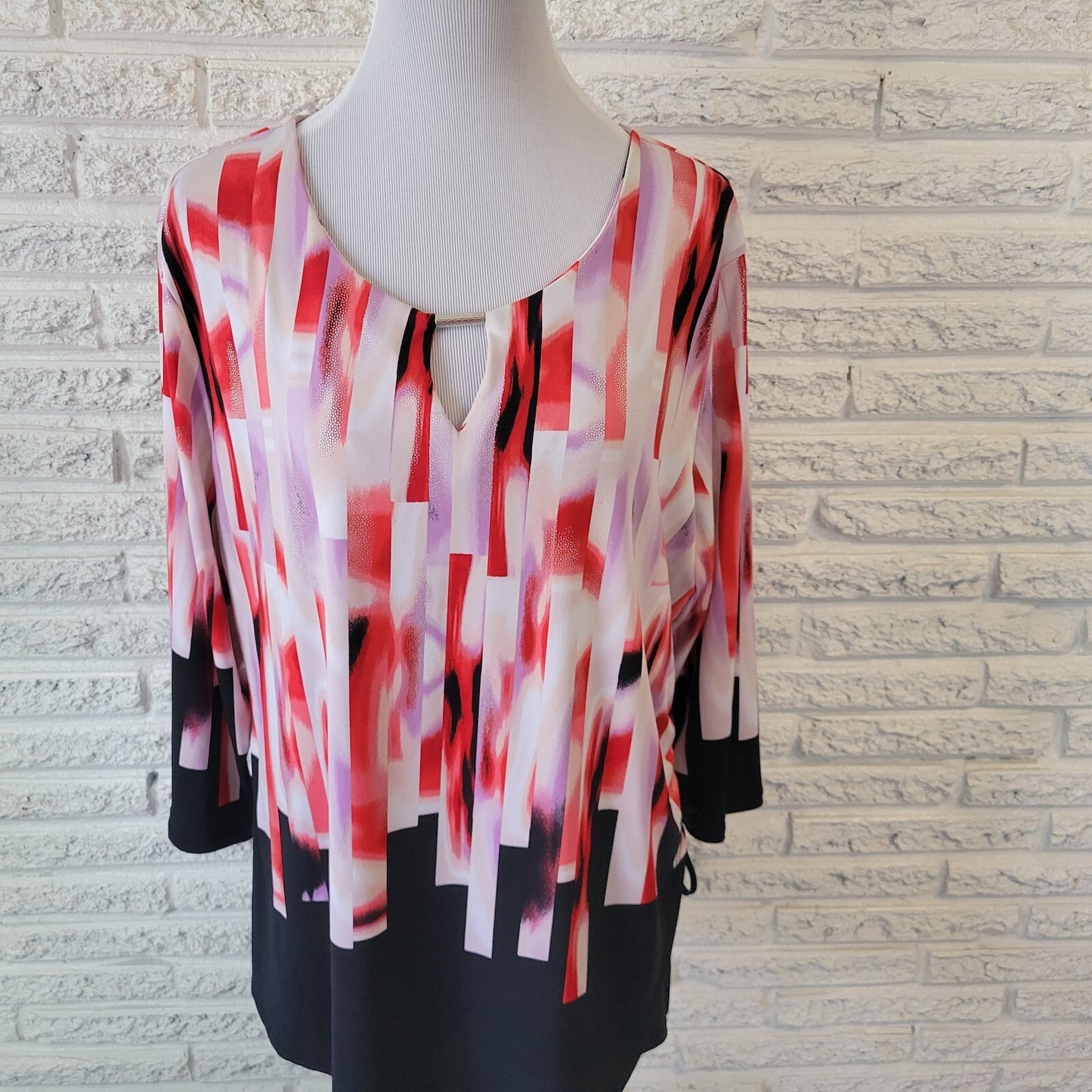 JM Collection Women Top XXL Plus Tunic Red Lavender Watercolor Keyhole Side Ties