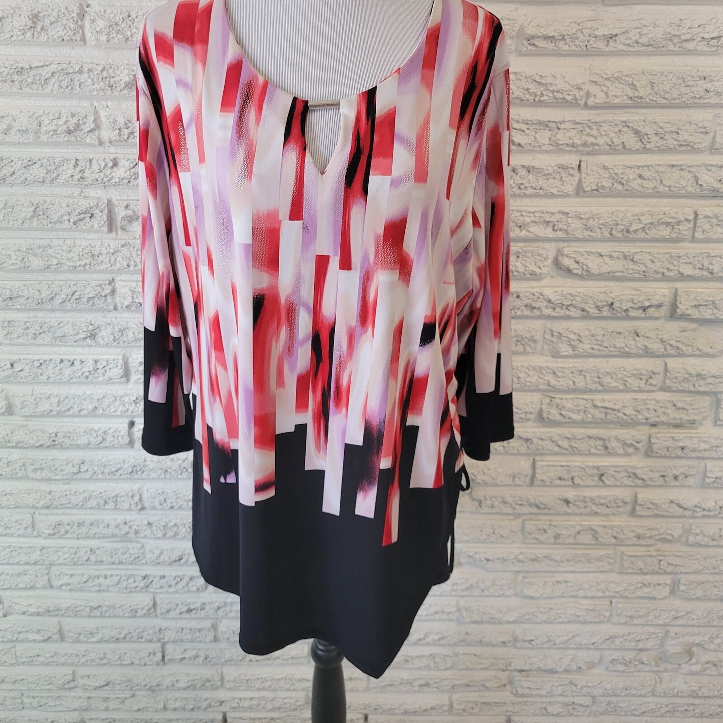 JM Collection Women Top XXL Plus Tunic Red Lavender Watercolor Keyhole Side Ties