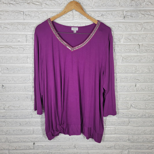 Avenue Womens Top 22 24 Plus 3/4 Sleeve Purple Semi Sheer Studded Lightweight