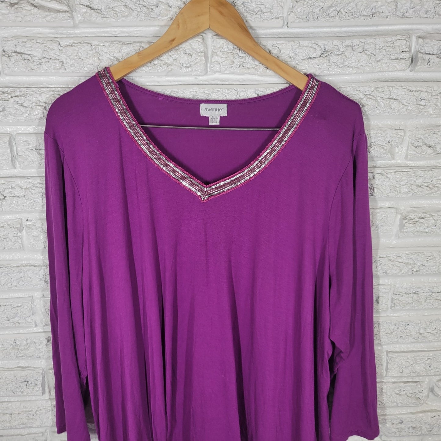 Avenue Womens Top 22 24 Plus 3/4 Sleeve Purple Semi Sheer Studded Lightweight