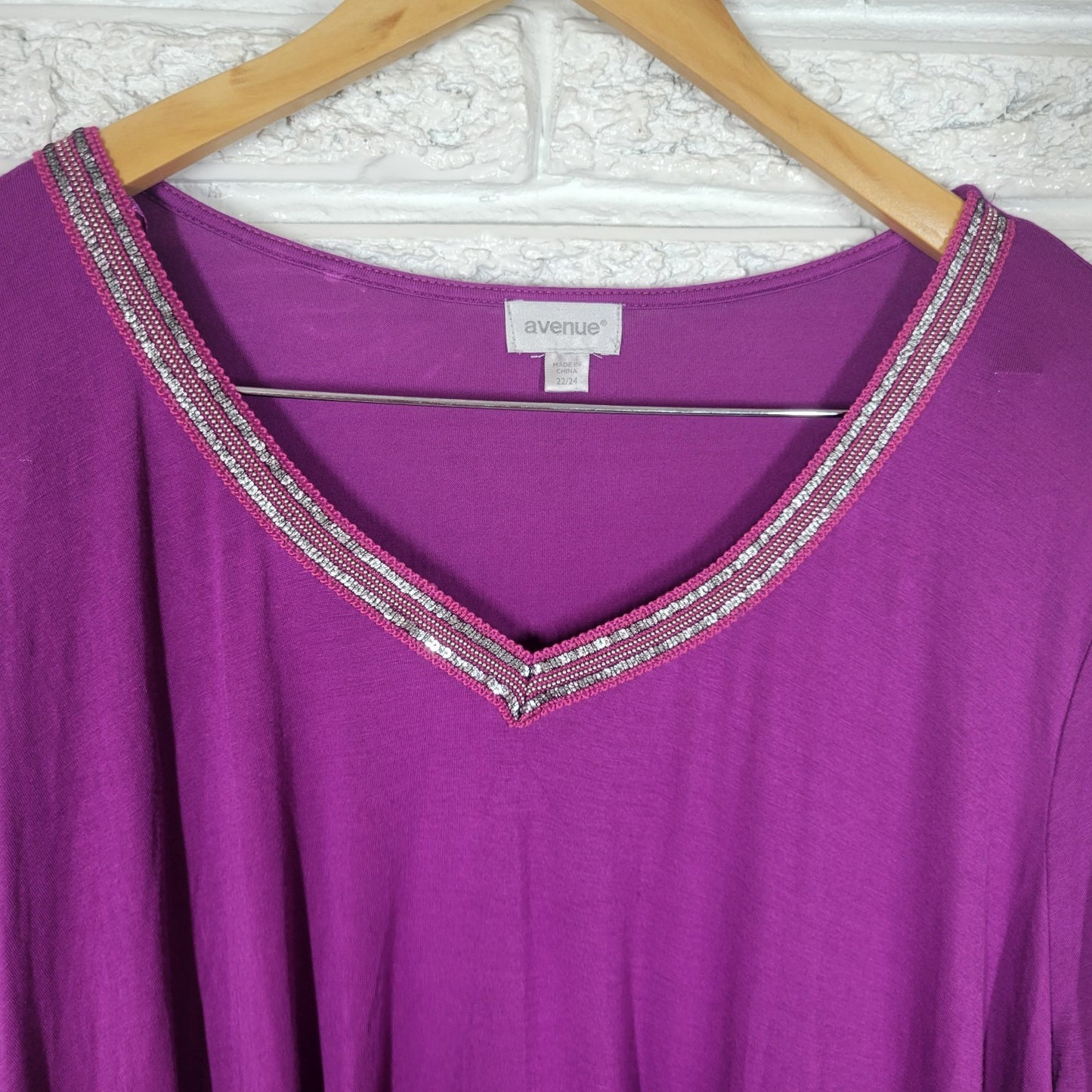 Avenue Womens Top 22 24 Plus 3/4 Sleeve Purple Semi Sheer Studded Lightweight