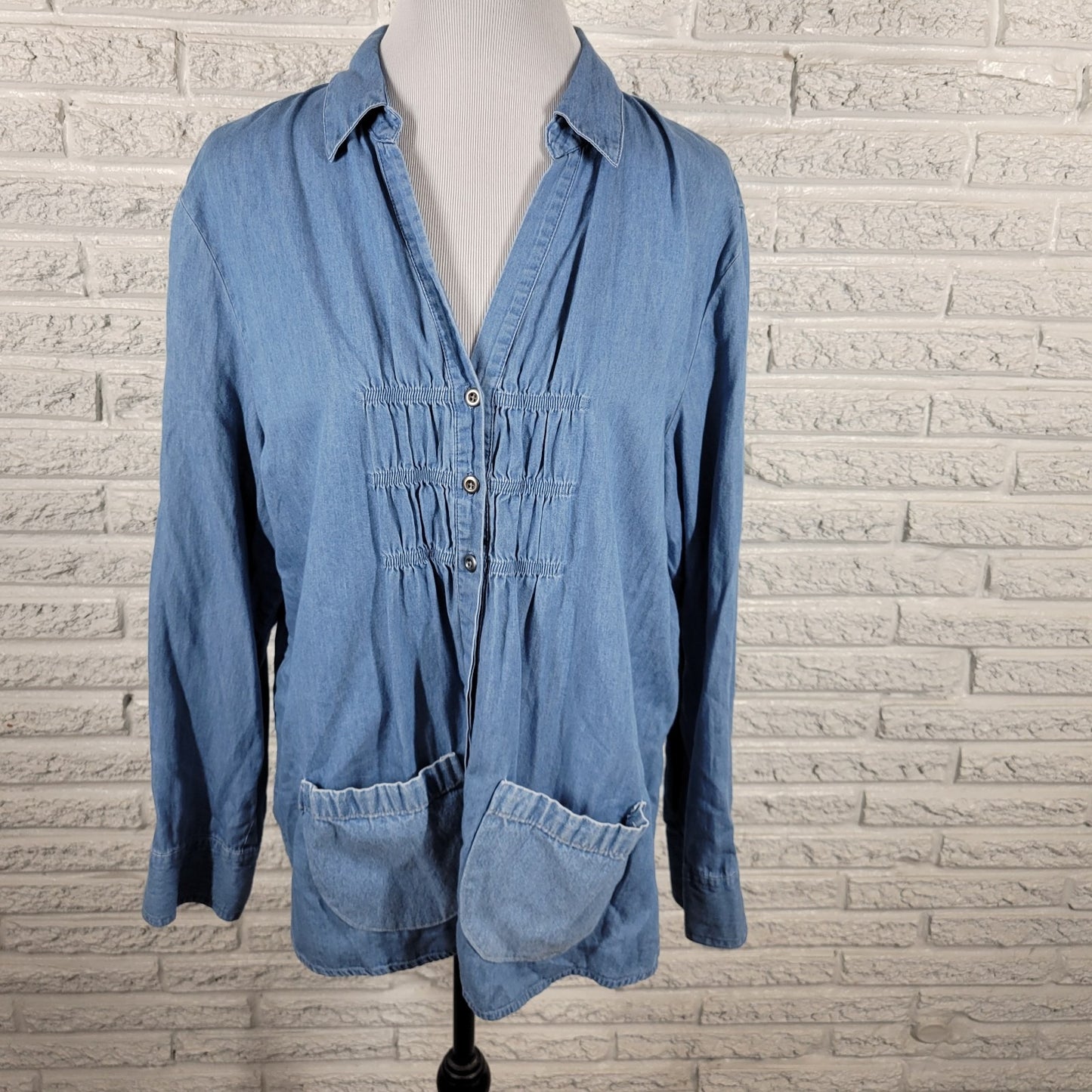 Chicos Additions Womens Top 3 Standard XL Blue Chambray Pockets Cotton Pleated