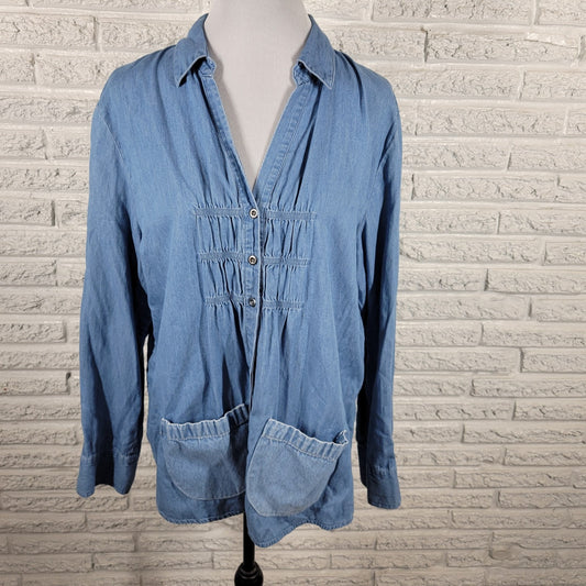 Chicos Additions Womens Top 3 Standard XL Blue Chambray Pockets Cotton Pleated