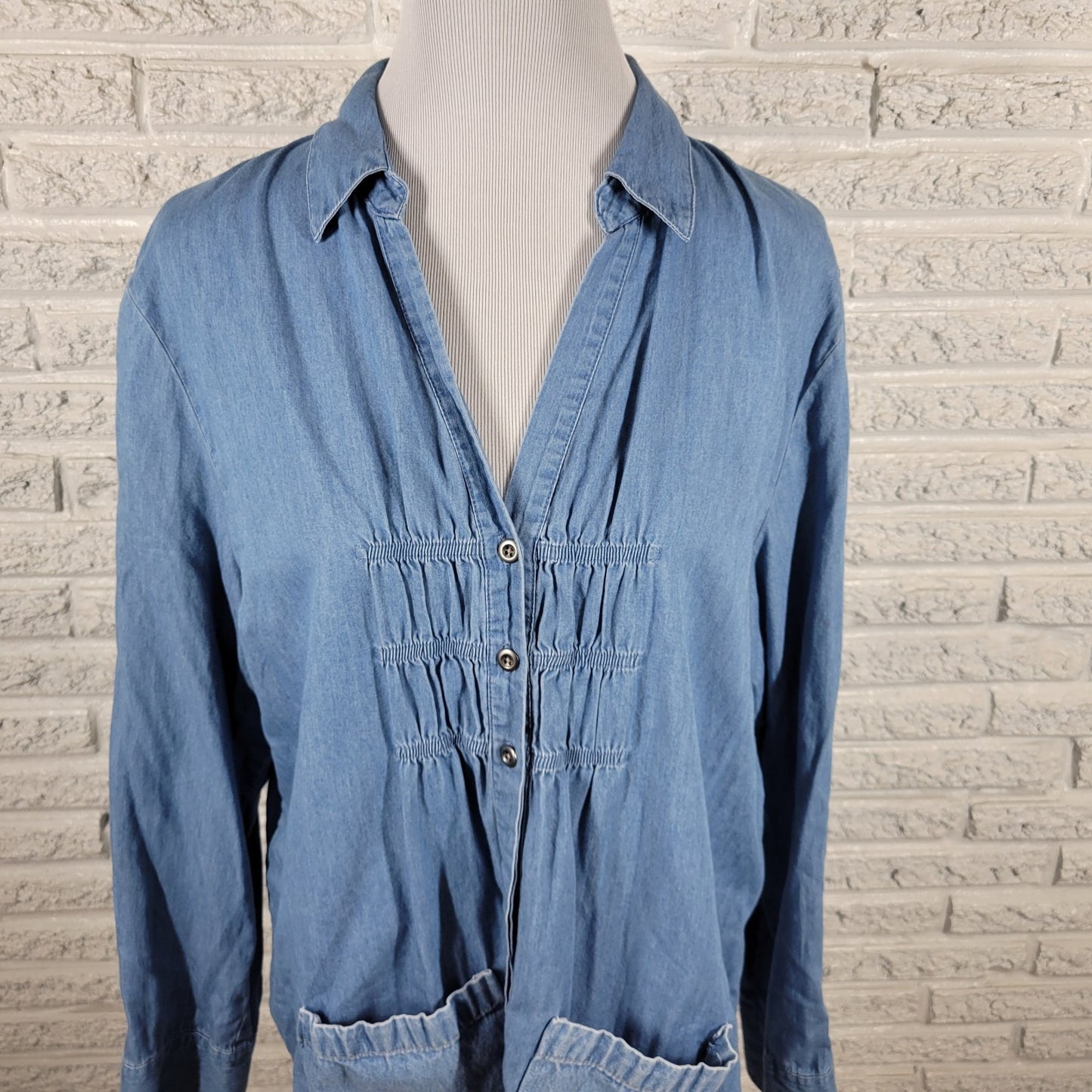 Chicos Additions Womens Top 3 Standard XL Blue Chambray Pockets Cotton Pleated