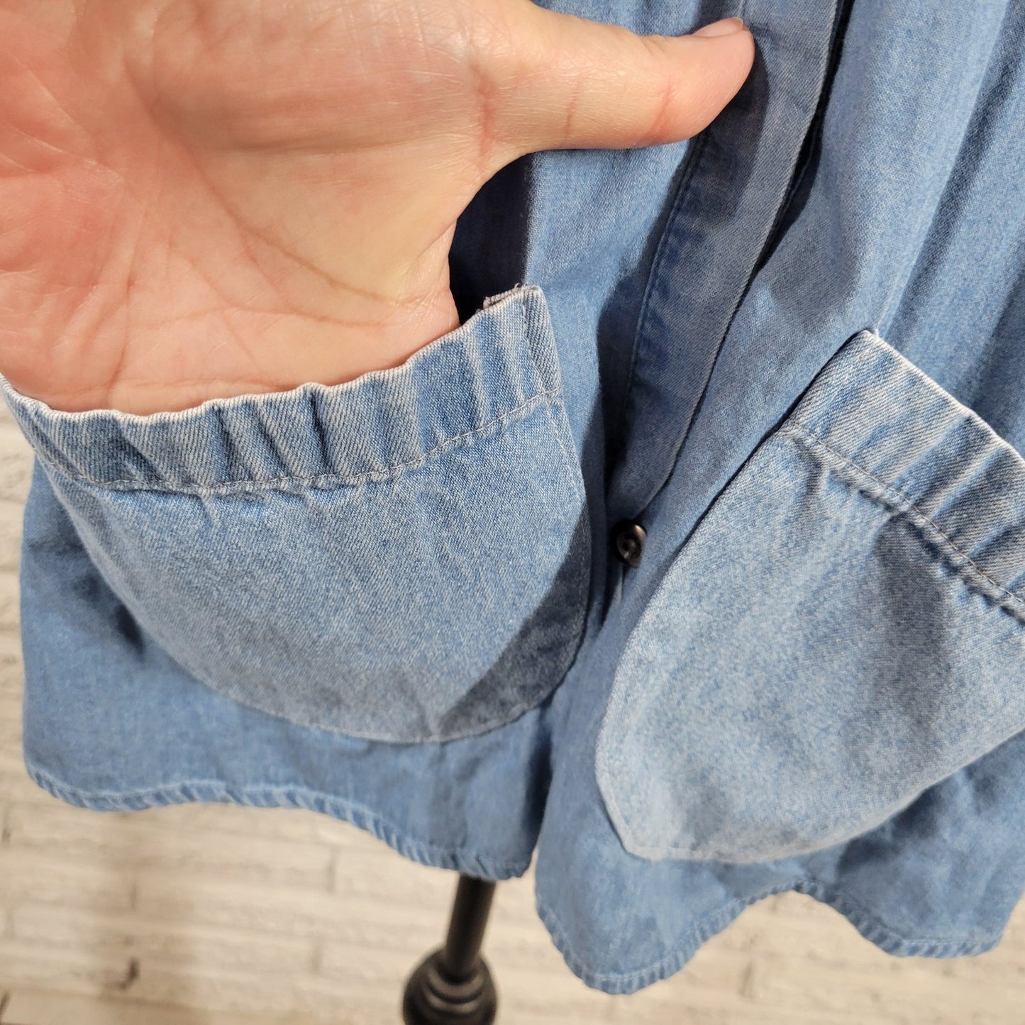 Chicos Additions Womens Top 3 Standard XL Blue Chambray Pockets Cotton Pleated