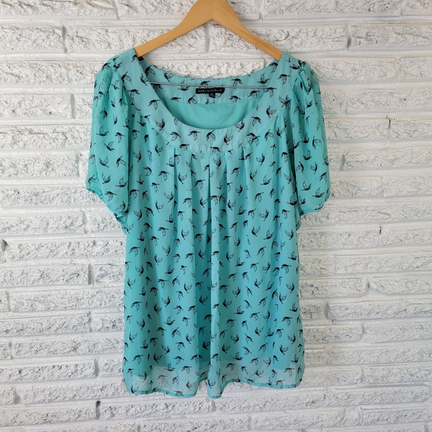 Sara Michelle 3X Plus Size Top Blue Sheer Bird Print Pleated Tunic Lined Blouse