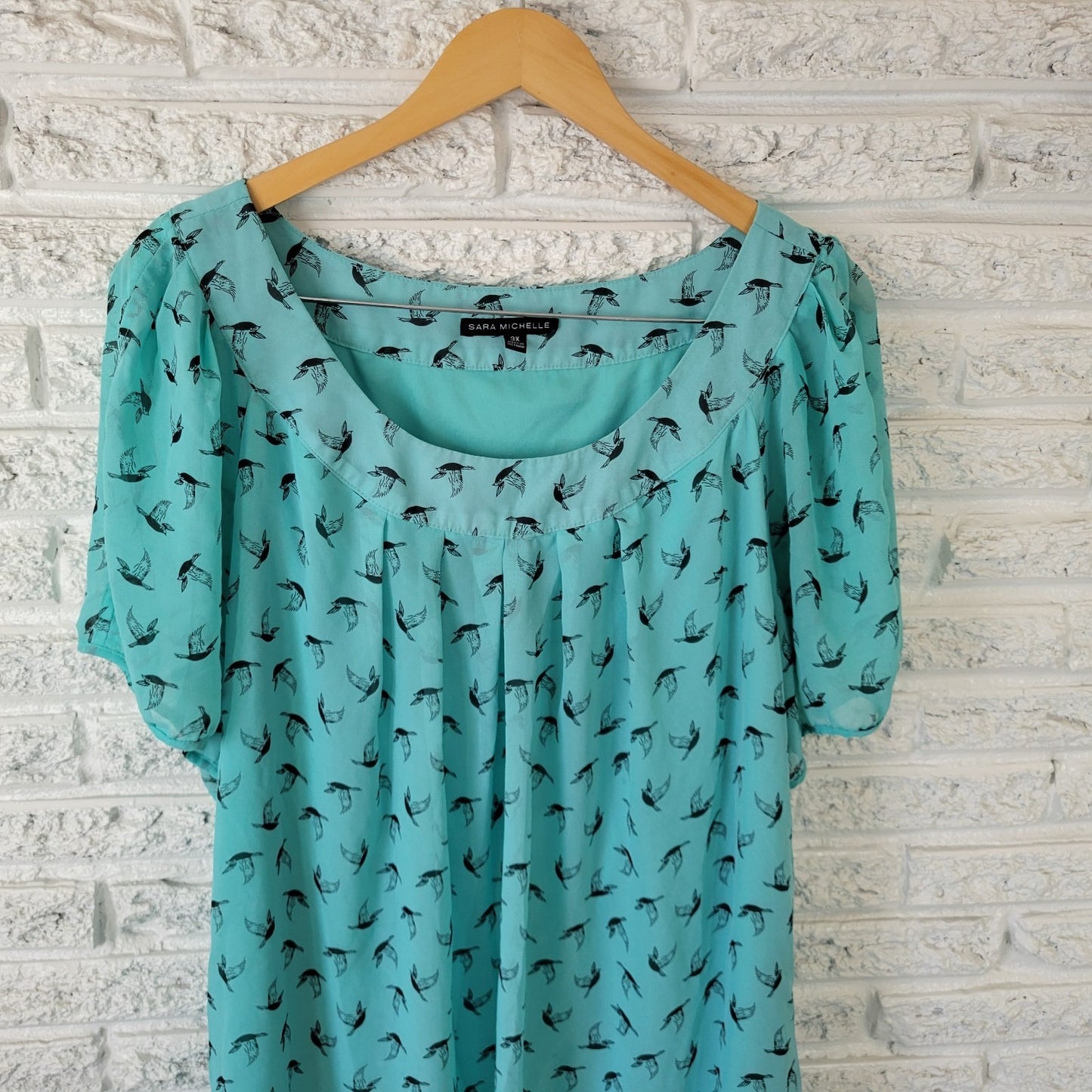 Sara Michelle 3X Plus Size Top Blue Sheer Bird Print Pleated Tunic Lined Blouse