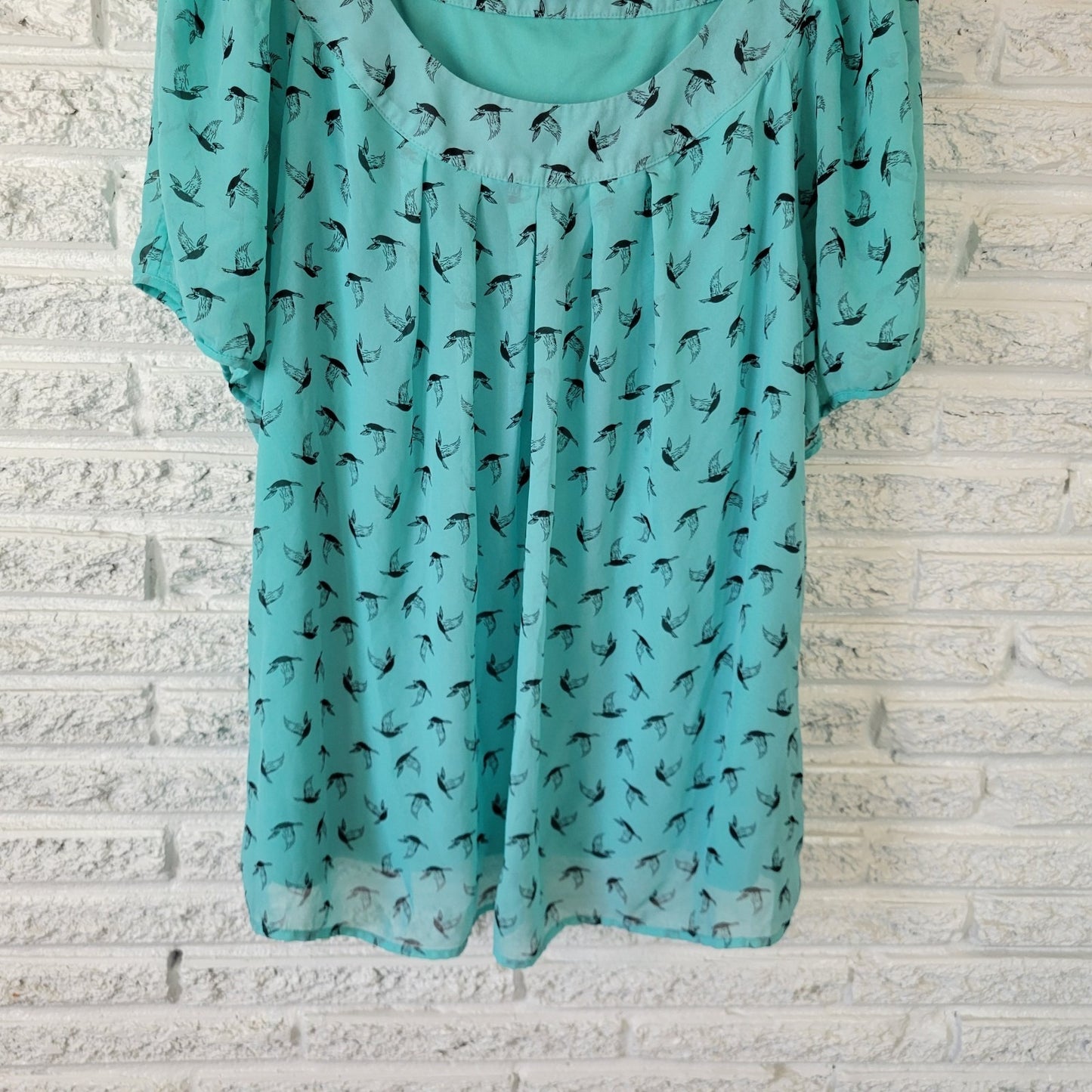 Sara Michelle 3X Plus Size Top Blue Sheer Bird Print Pleated Tunic Lined Blouse