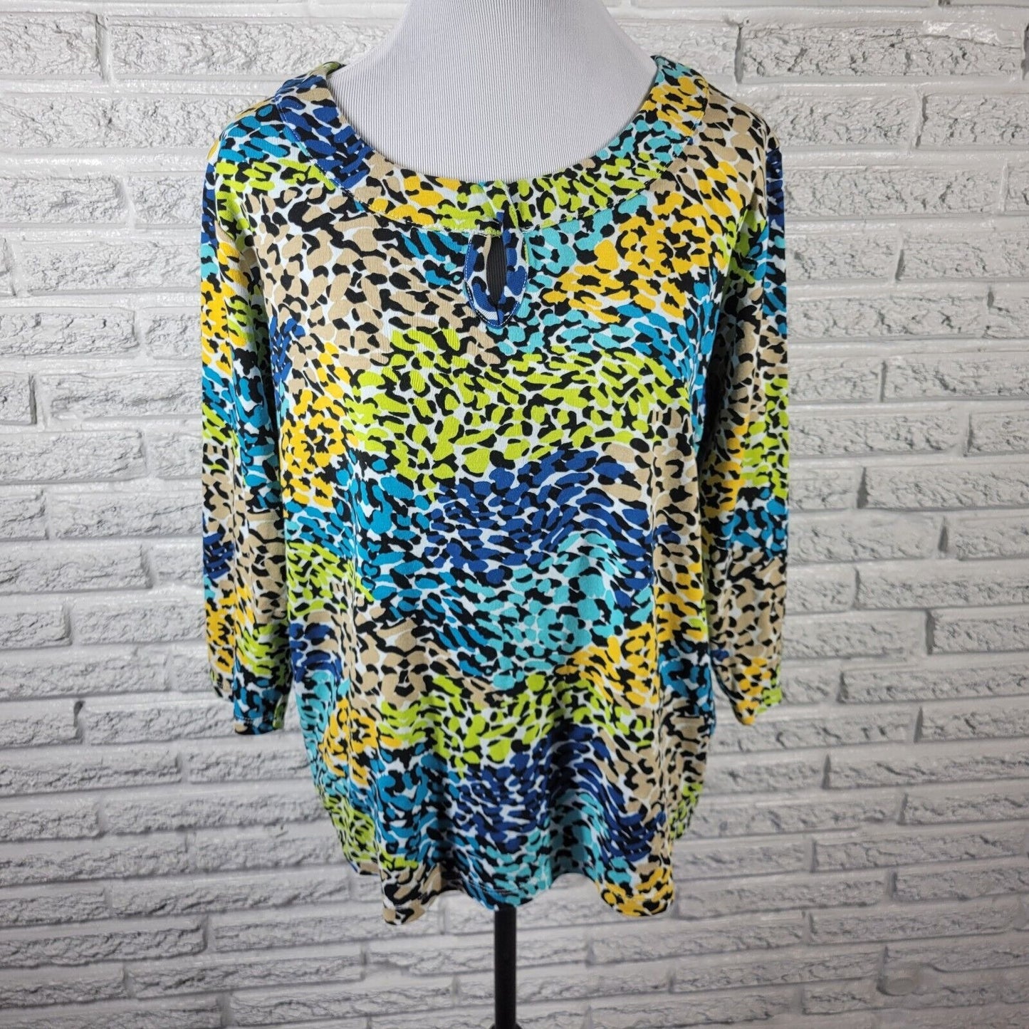 Rafaella Studio Women Top 2X Plus Knit 3/4 Sleeve Blue Watercolor Cotton Keyhole