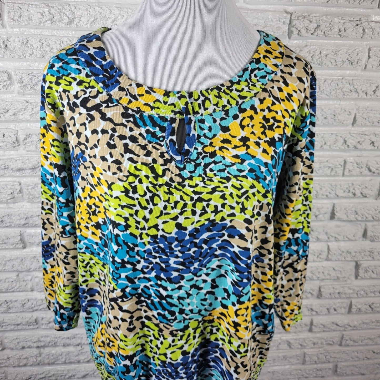 Rafaella Studio Women Top 2X Plus Knit 3/4 Sleeve Blue Watercolor Cotton Keyhole